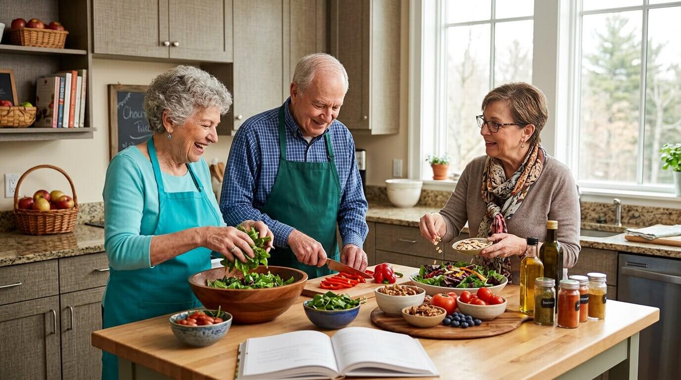 A group of older adults prepare a healthy meal together.
