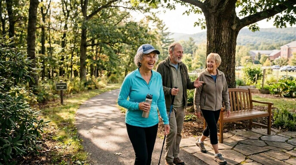 3 older adults walk through a park together on a beautiful fall day