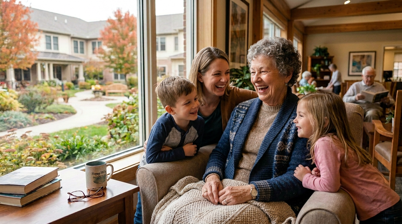 An older adult spends time with their grandchildren in a senior living community.