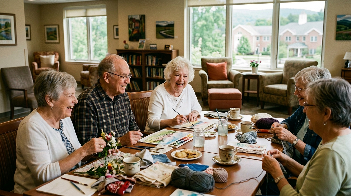 A group of older adults laugh and socialize around shared creative interests