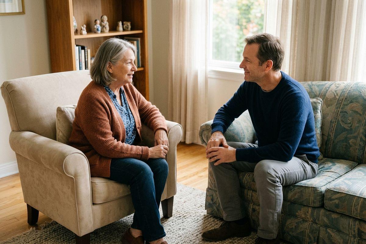 A family member and their older adult loved one sit in a quiet living room and talk about the benefits of a retirement community.