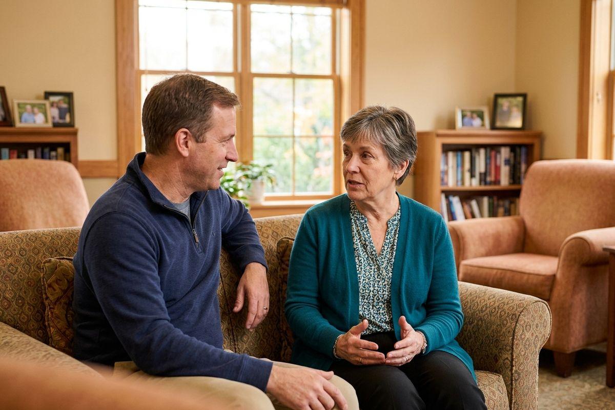 A senior and their adult child sit together to have a calm conversation about senior living.