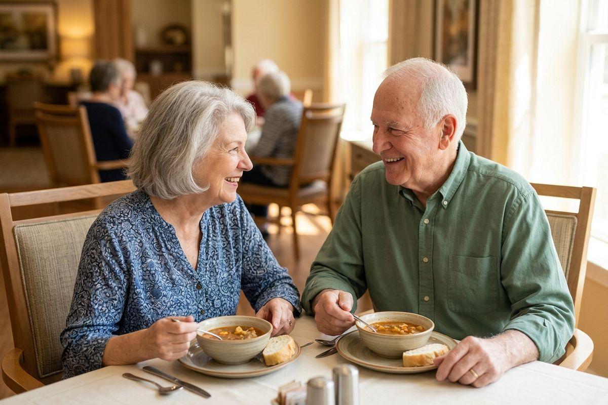 An older couple smiles at one another while eating soup and bread during a community dinner in senior living