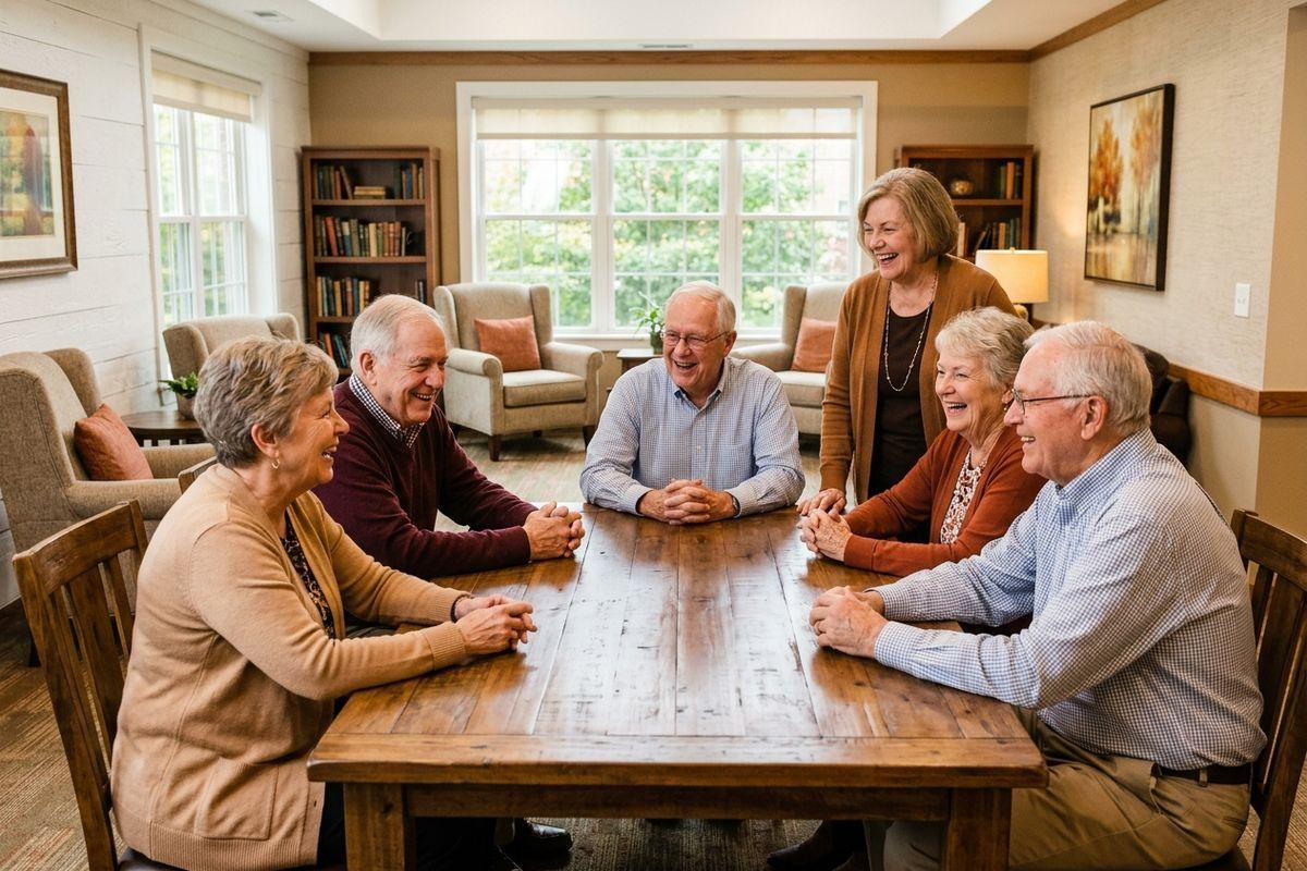 Six older adult sit around a wooden table in a beautiful senior living apartment and laugh over a chat