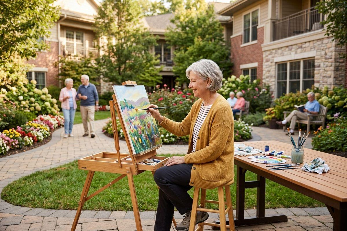An older adult sits outside in the courtyard of their senior living community, painting a picture while other residents walk, read, and chat in the background