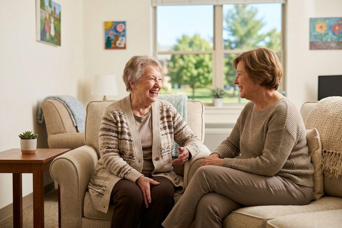 An older adult laughs and touches the knee of their adult child while they sit together during a visit in independent living