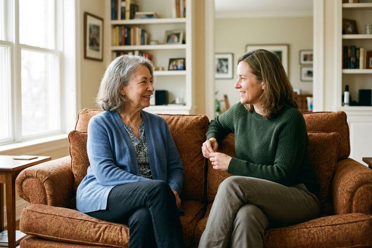 A senior and a younger woman sit together on a patterned sofa in a living room with bookshelves, smiling and facing each other in conversation.
