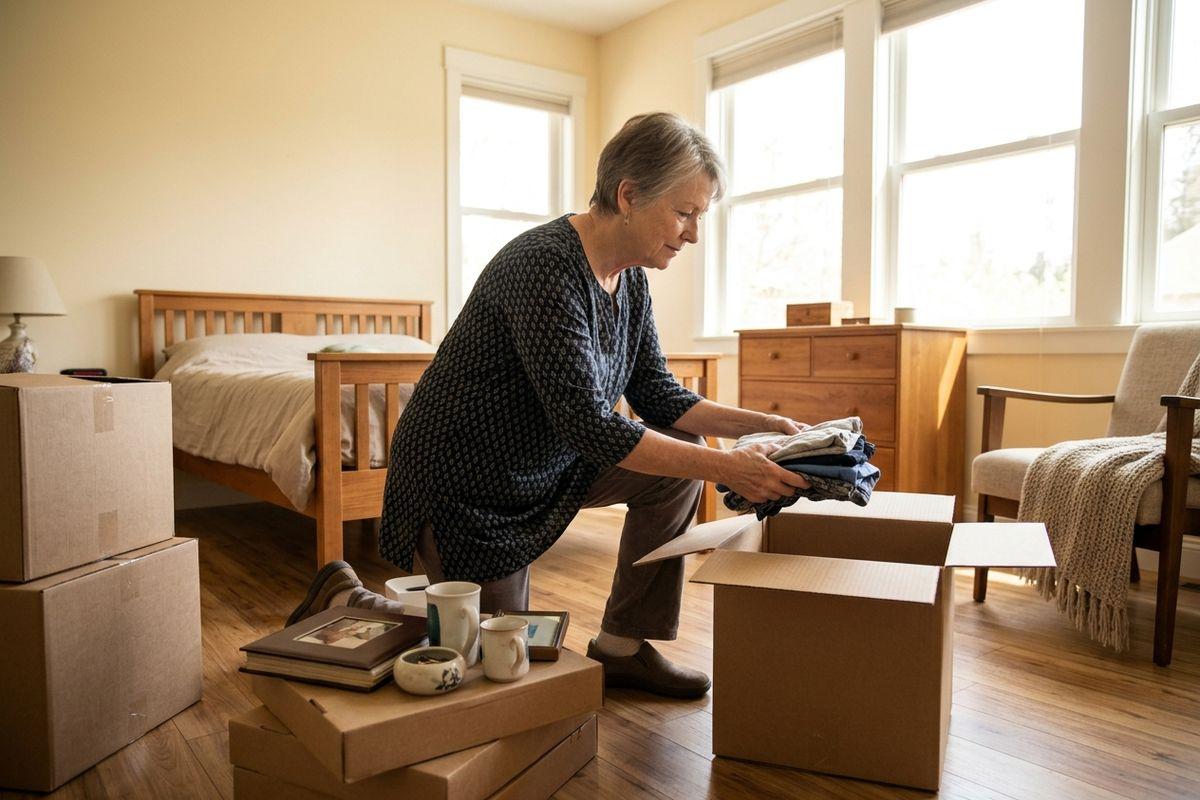 A senior places folded clothes into a cardboard moving box in a sunlit bedroom, with more packed boxes, mugs, and photo frames nearby.